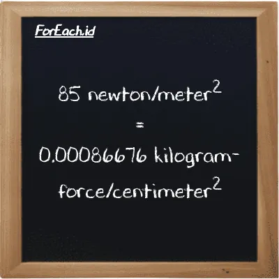 85 newton/meter<sup>2</sup> setara dengan 0.00086676 kilogram-force/centimeter<sup>2</sup> (85 N/m<sup>2</sup> setara dengan 0.00086676 kgf/cm<sup>2</sup>)